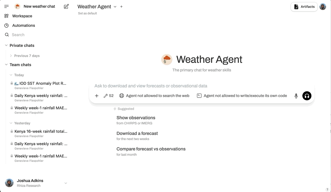 Screen recording of Weather Skills Chat. The Weather Agent offers prompts to show observations, download a forecast, or compare a forecast with observations.